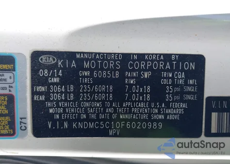 2015 Kia Sedona Ex из США, поврежденный, VIN KNDMC5C10F6020989